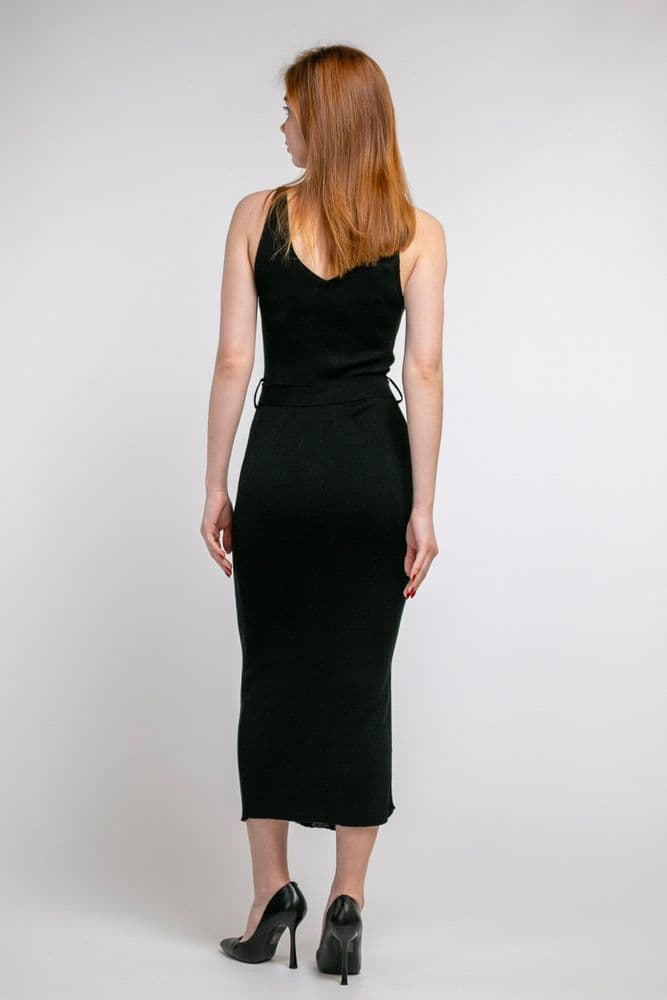 Платье трикотажное с поясом миди ONE SIZE (черное) — 4