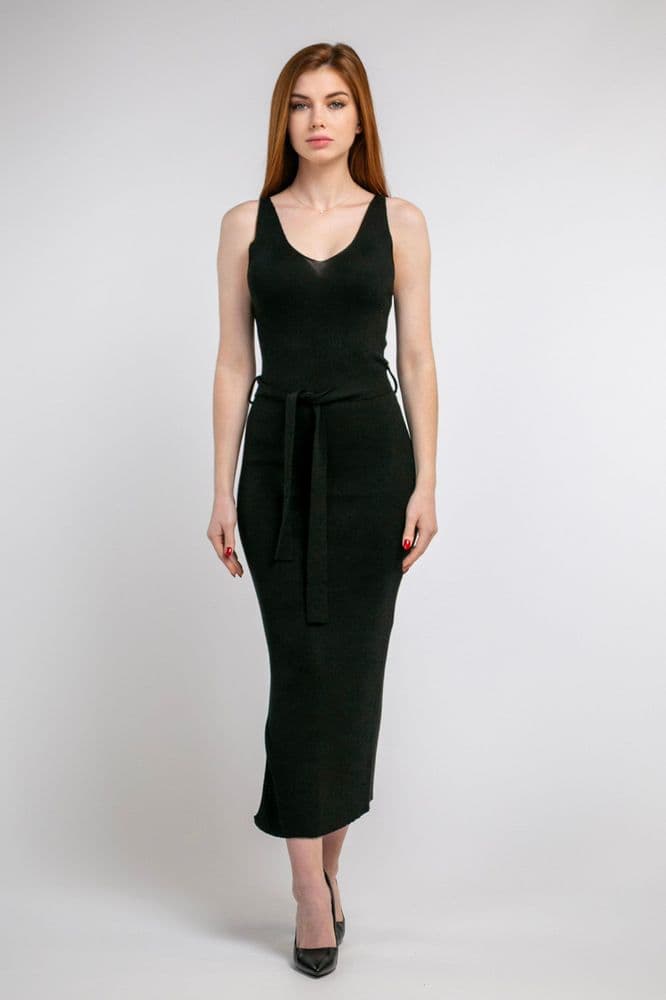 Платье трикотажное с поясом миди ONE SIZE (черное) — 2