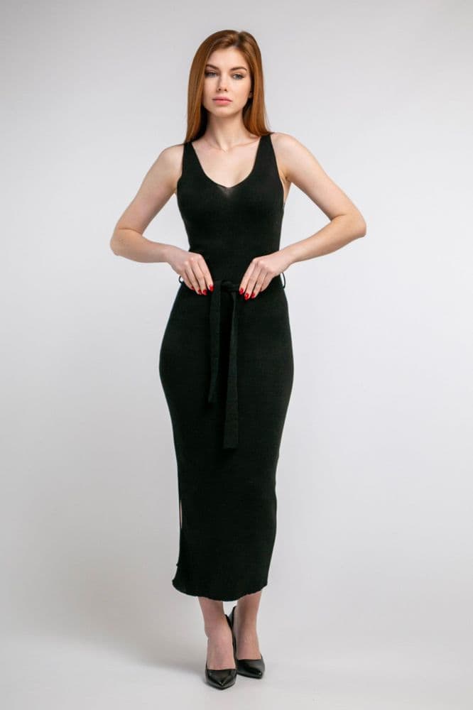 Платье трикотажное с поясом миди ONE SIZE (черное) — 3