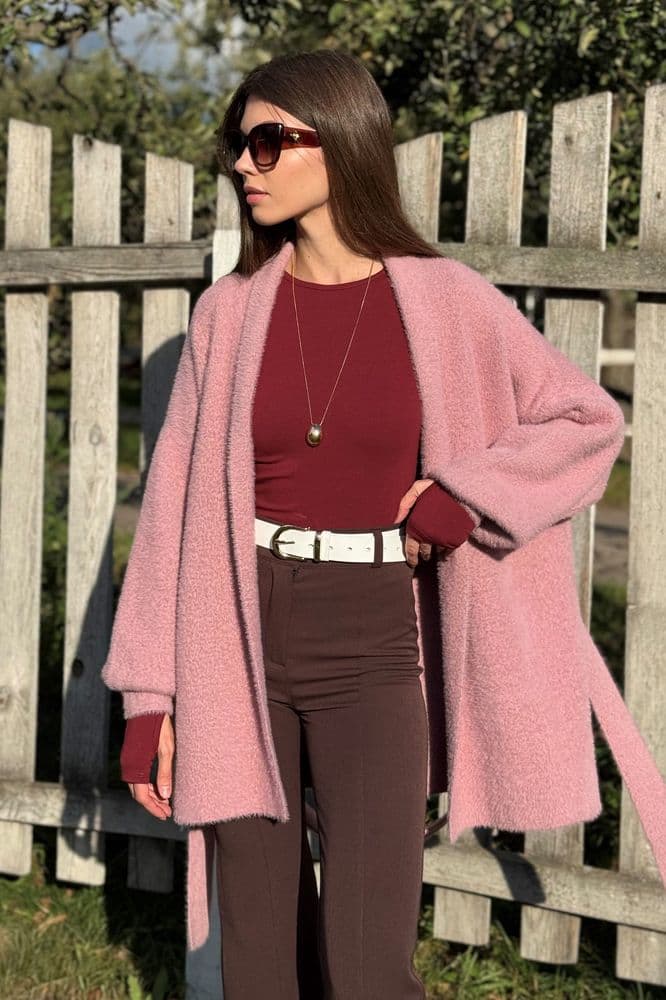 Кардиган короткий с поясом ONE SIZE (розовый) — 5