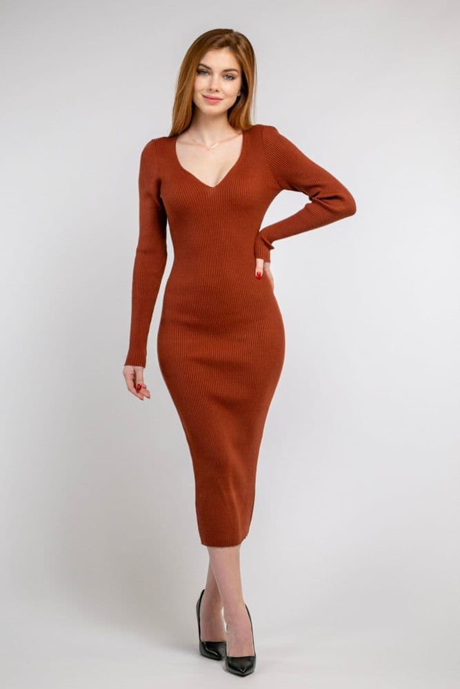 Платье миди с рукавом облегающее ONE SIZE (коричневое) — 1